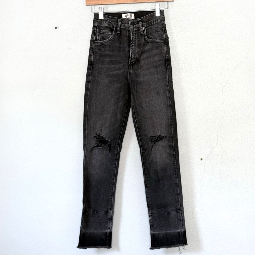 Agolde Jeans 23 Black Charcoal Feel Good Distressed Raw Hem High Rise Organic